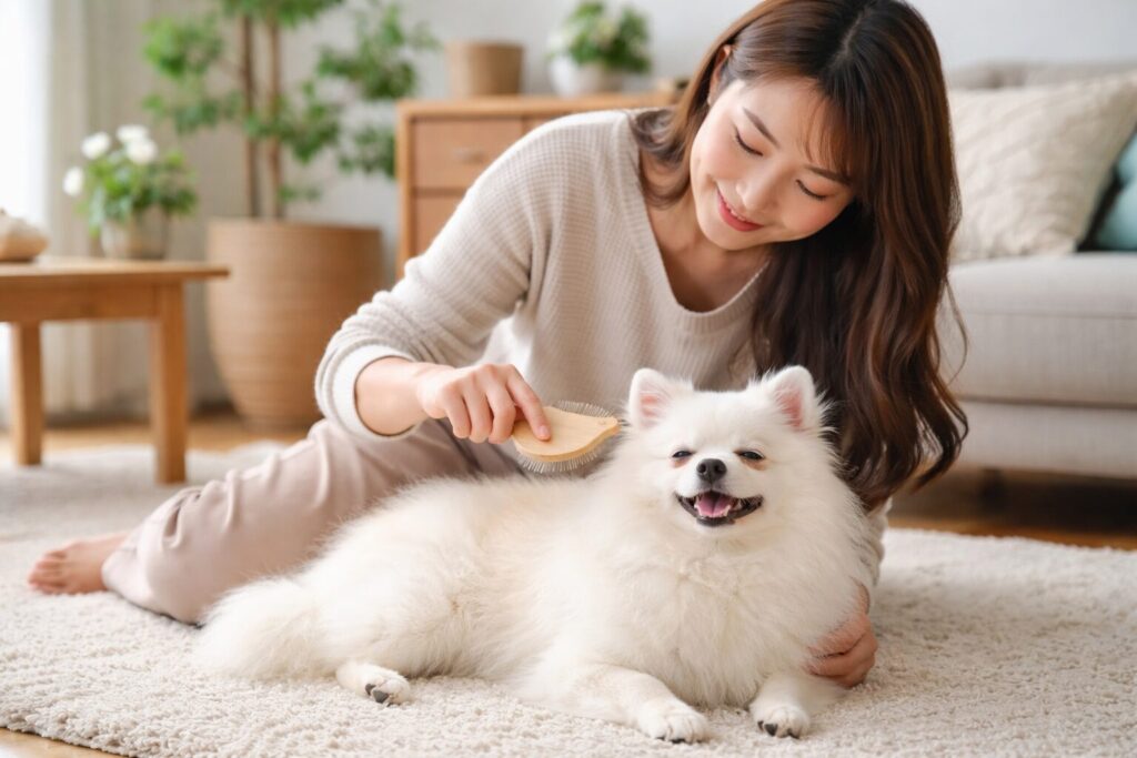 犬種に合わせてブラシを選んでいる飼い主の様子