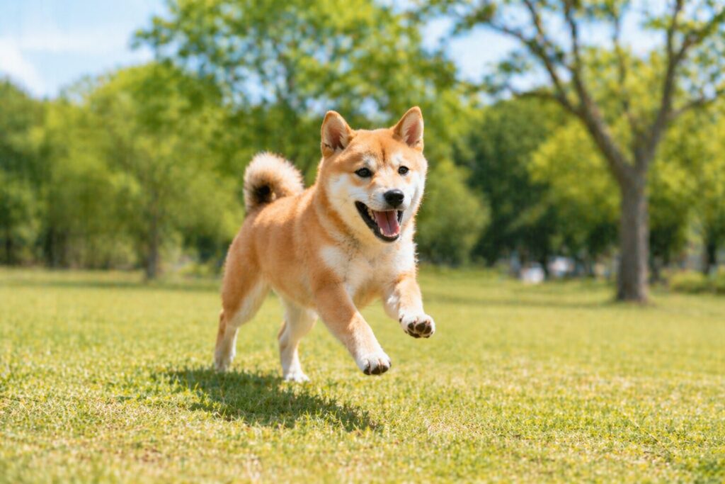 柴犬5ヶ月の子犬が元気に走り回る様子