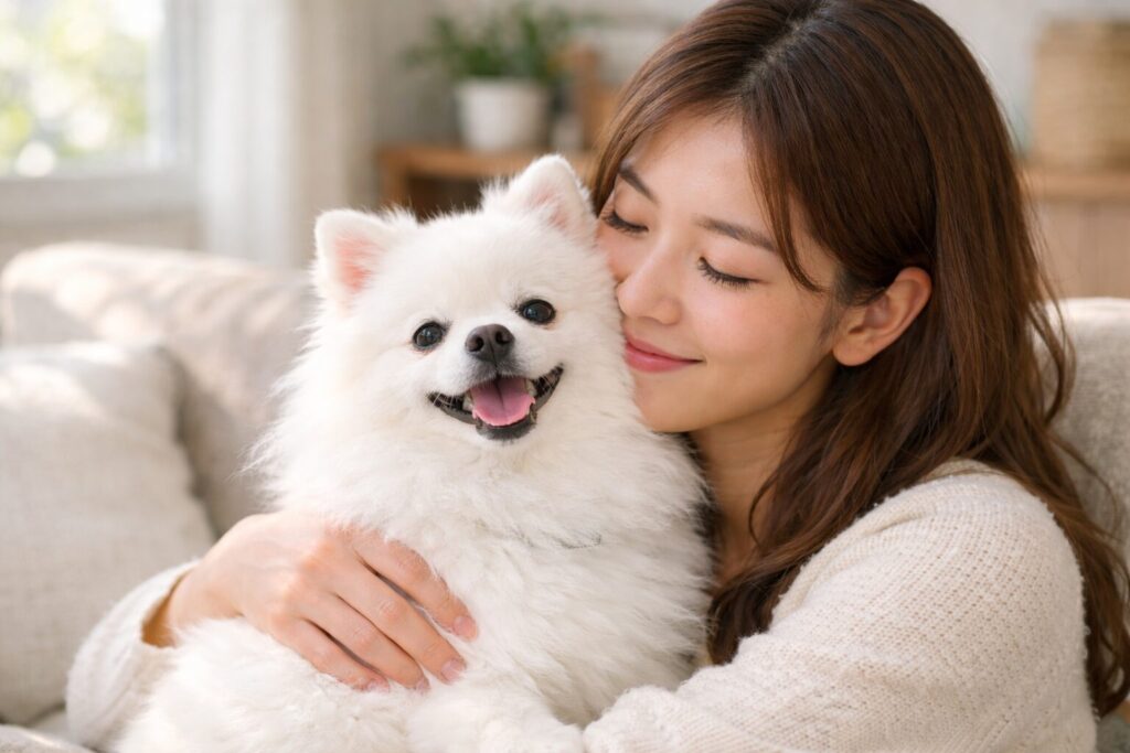 飼い主と仲良く過ごすポメラニアン