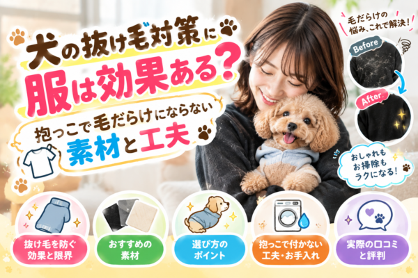 犬を抱っこする飼い主と、抜け毛がつきにくい服の素材や対策を示したイラスト