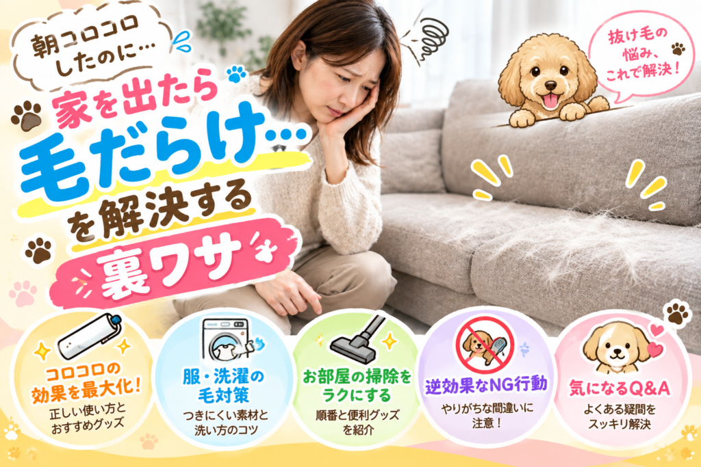 抜け毛が付いたソファと困っている飼い主、抜け毛対策をする犬のイラスト