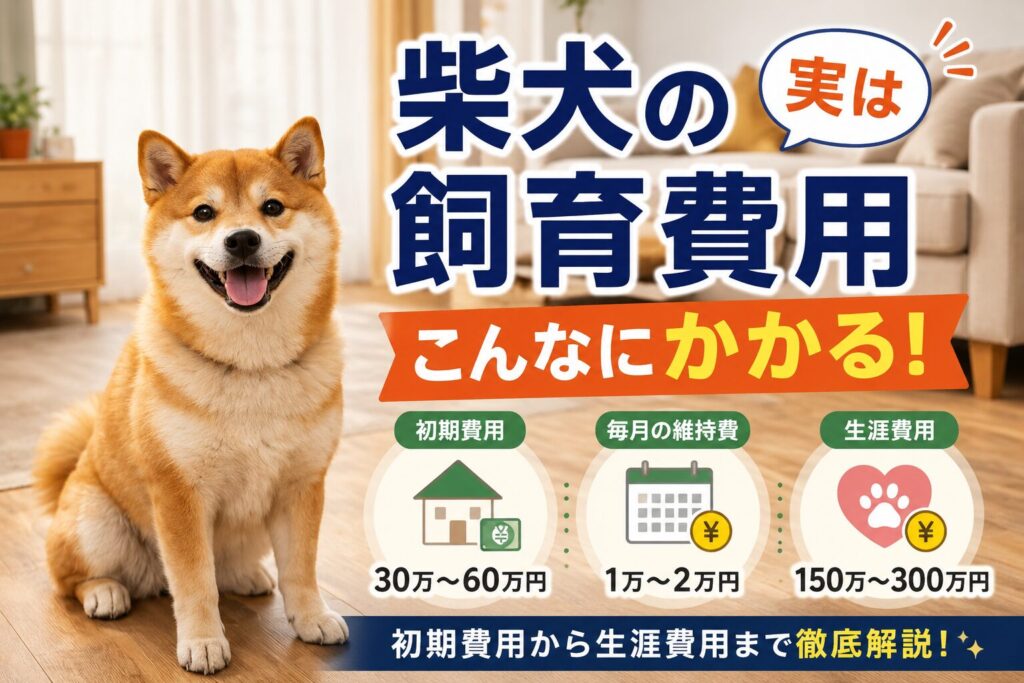室内で座る柴犬と「柴犬の飼育費用」の文字。初期費用・毎月の維持費・生涯費用の目安を解説する記事のアイキャッチ画像。