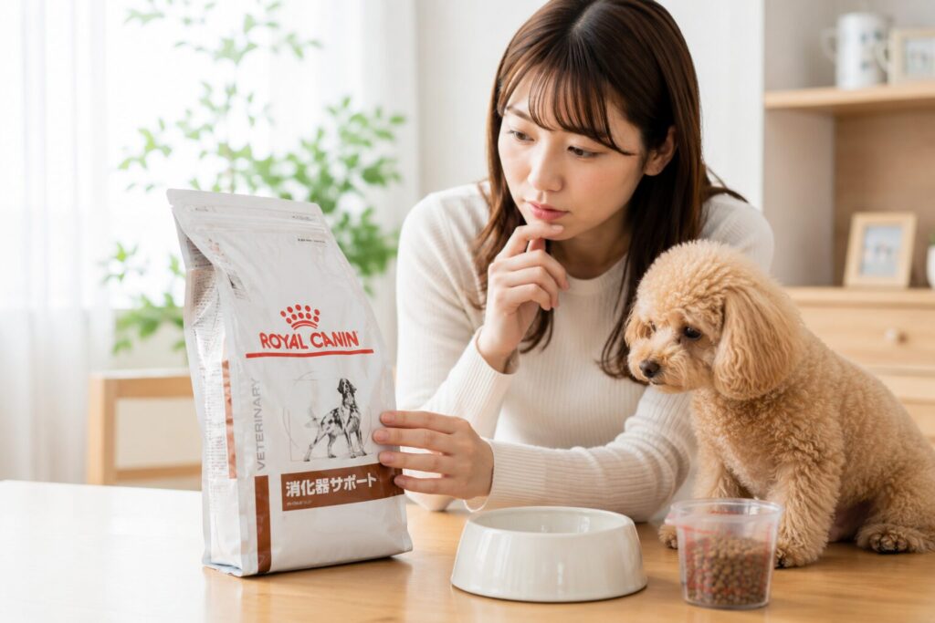 ロイヤルカナン消化器サポートを確認する飼い主と小型犬