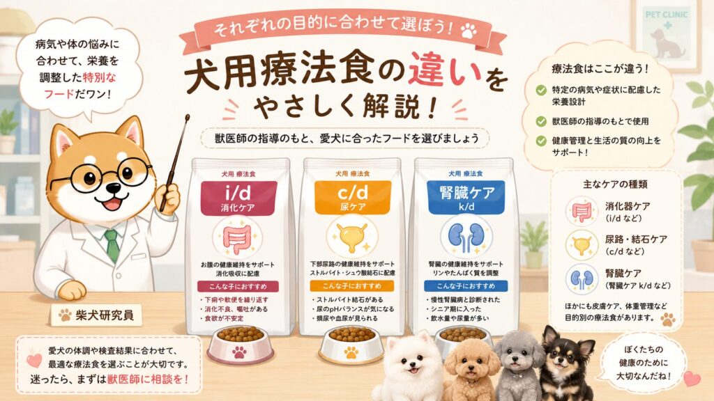 ヒルズの犬用療法食について説明する柴犬研究員のイラスト