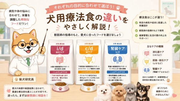 ヒルズの犬用療法食について説明する柴犬研究員のイラスト