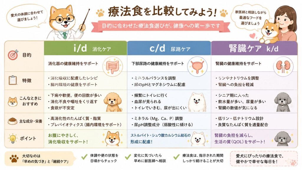 ヒルズ療法食のi/dやc/dなど主な種類を比較するイラスト