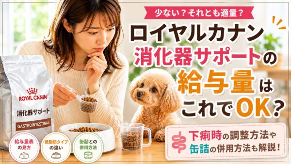 ロイヤルカナン消化器サポートの給与量を確認する飼い主と犬