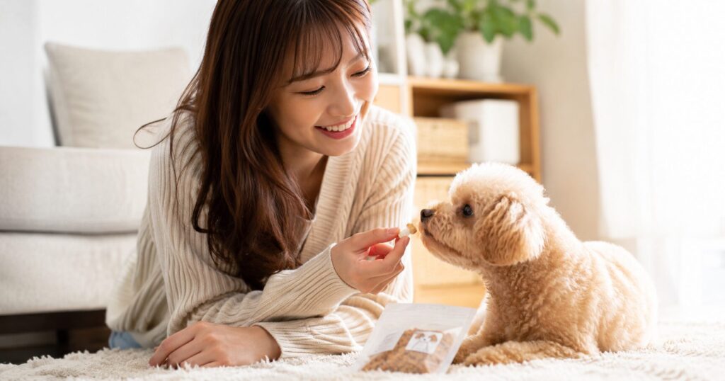 飼い主が愛犬に無添加のおやつを与えている様子
