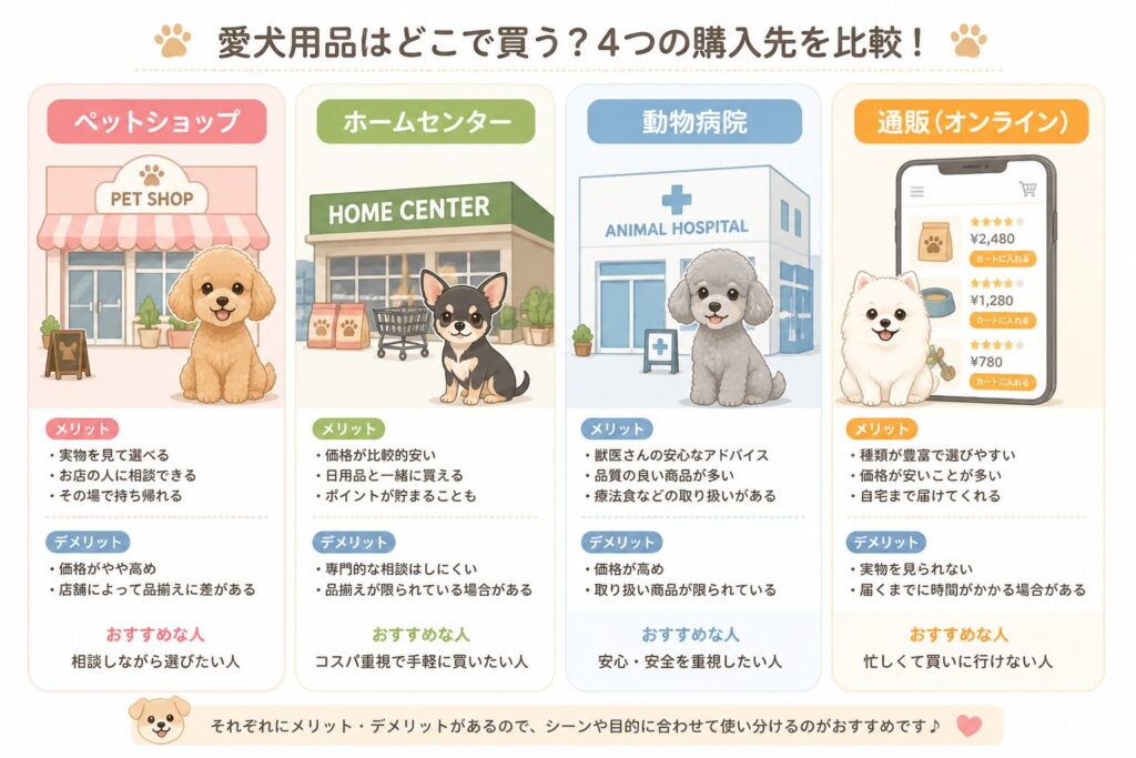 犬用ビオフェルミンの販売場所（動物病院・ホームセンター・通販）の比較イメージ
