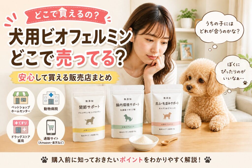犬用ビオフェルミンの購入場所に悩む飼い主と犬のイメージ