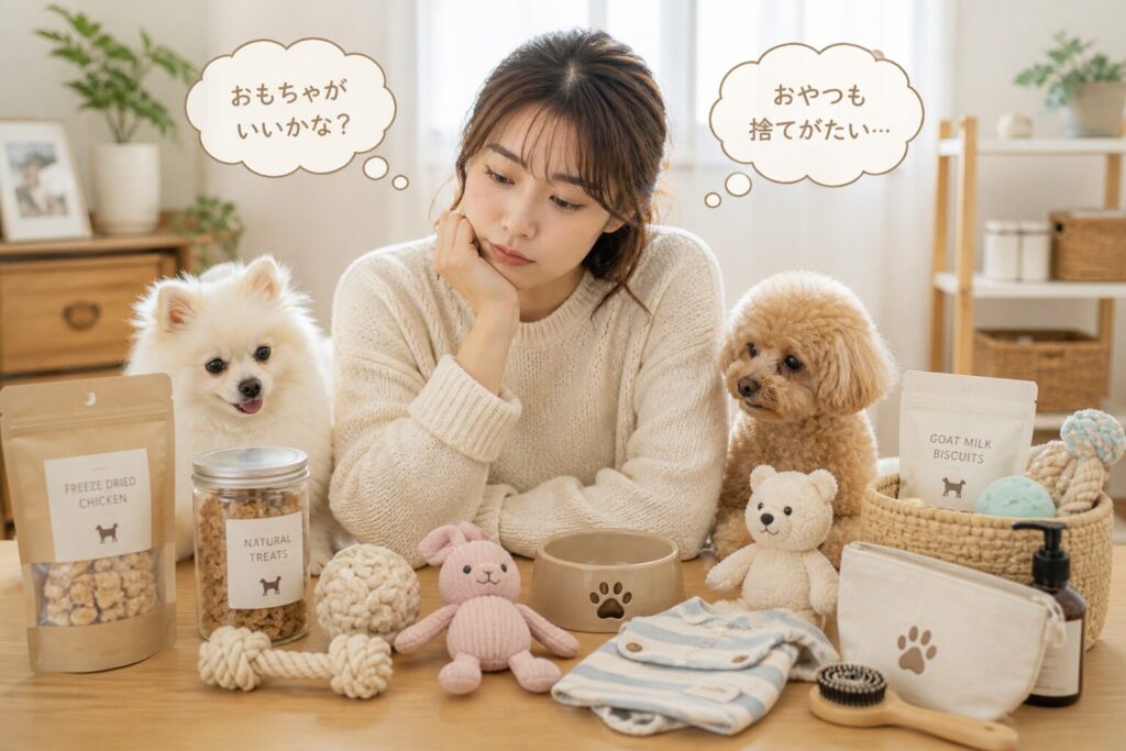 テーブルに並んだ犬用おやつやおもちゃや雑貨を見ながらプレゼント選びに迷う女性