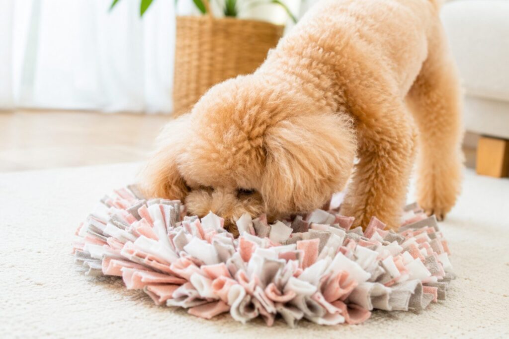 タオルの中のおやつを探す犬
