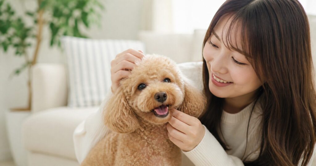 飼い主に優しくケアされて安心しているトイプードル
