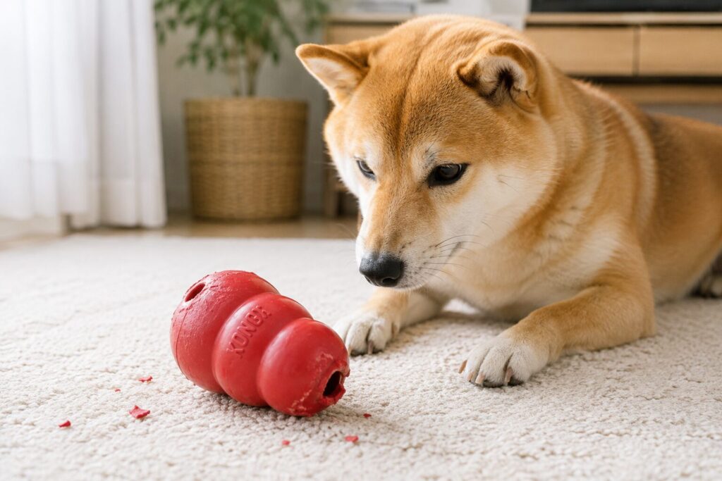 削れたコングを見つめる柴犬