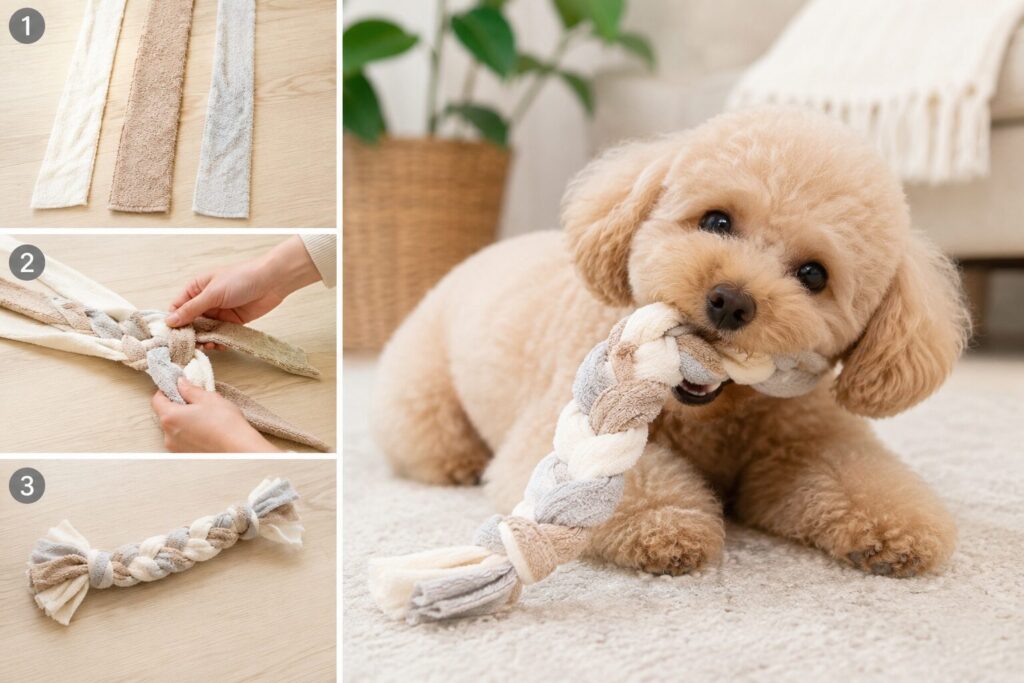 三つ編みタオルおもちゃをくわえる犬
