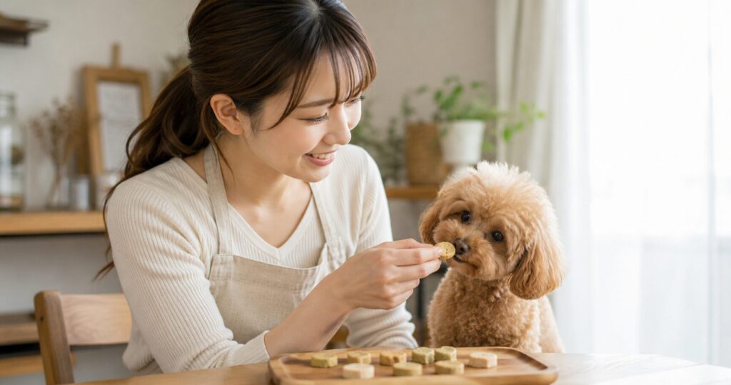 飼い主と犬が手作りおやつを楽しんでいる様子