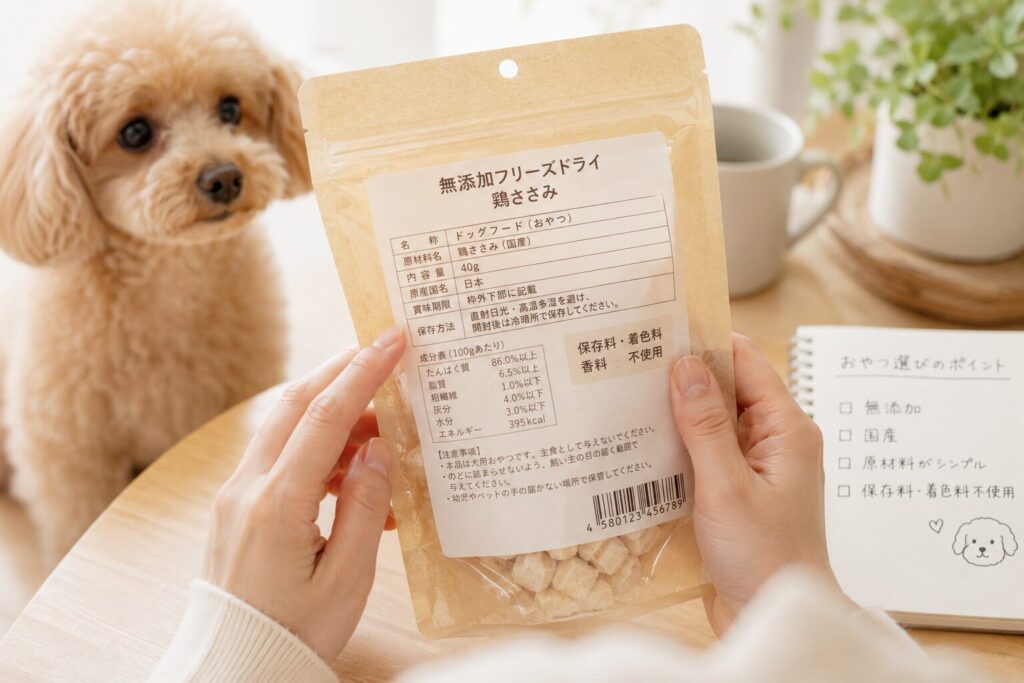犬用おやつの原材料ラベルを確認している様子