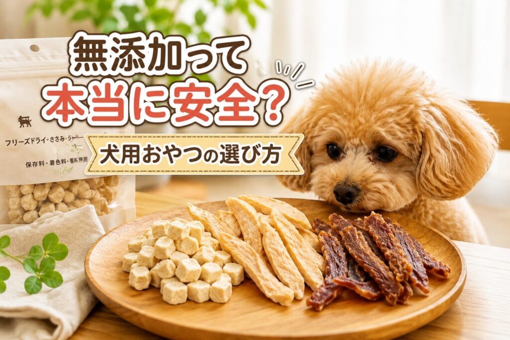 無添加の犬用おやつを見つめる小型犬