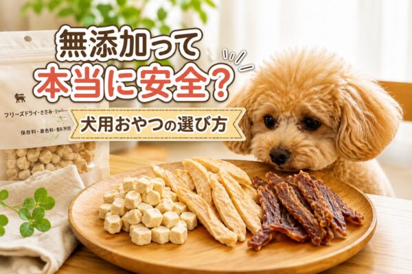 無添加の犬用おやつを見つめる小型犬