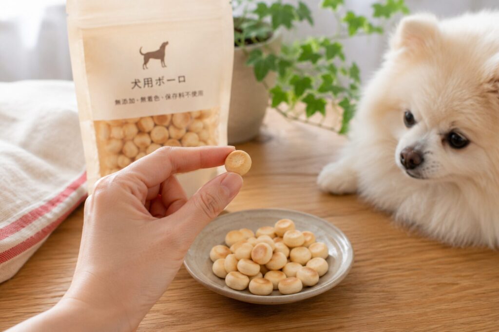 犬用ボーロやクッキーを手に持って確認している様子