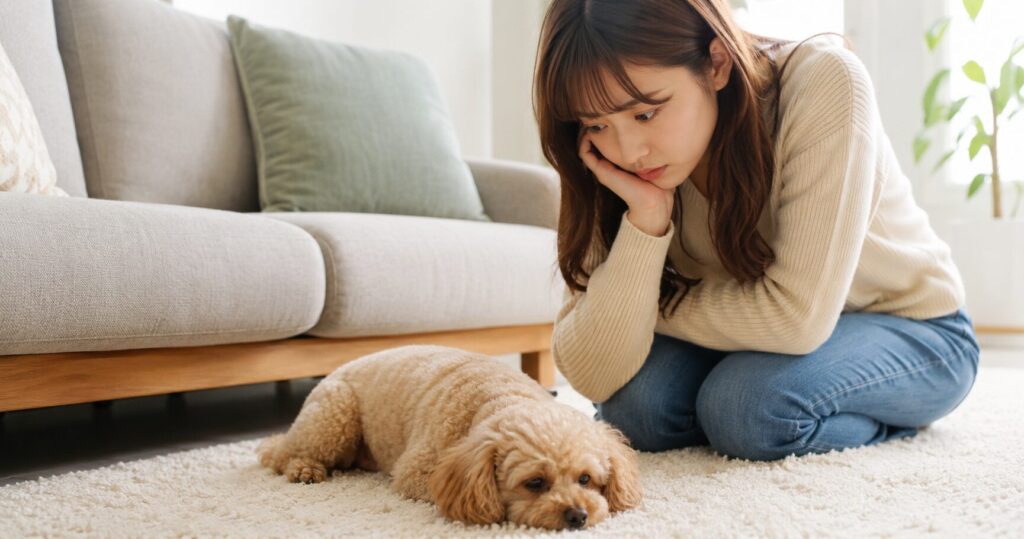 下痢や食欲低下を心配する飼い主と小型犬