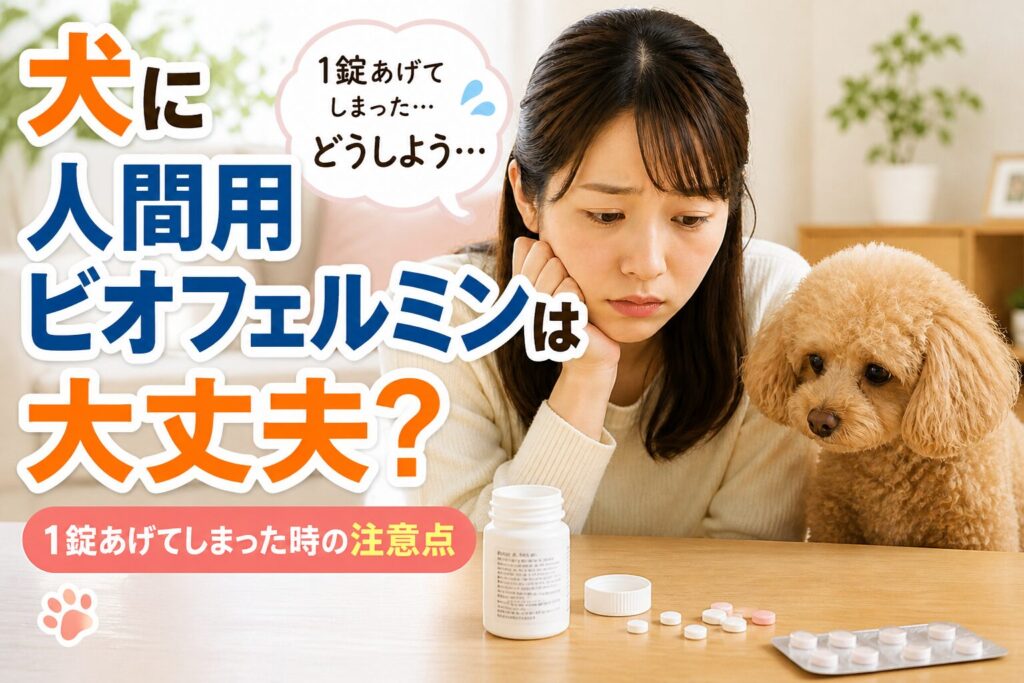犬に人間用ビオフェルミンを与えていいか悩む飼い主と小型犬の様子