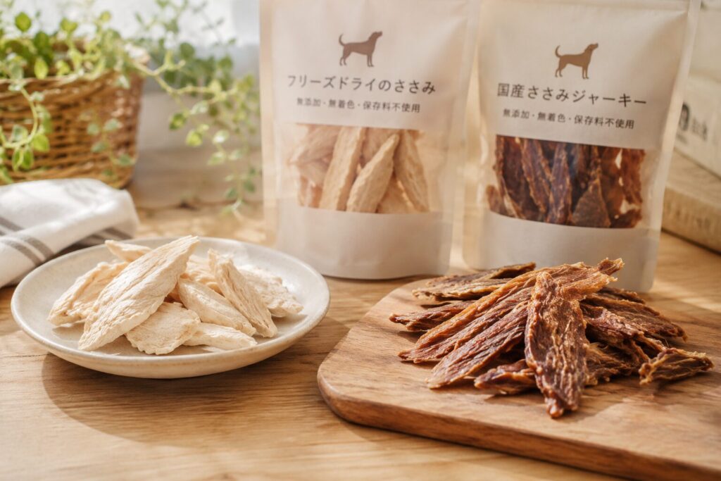 犬用ジャーキーやフリーズドライおやつを並べた様子