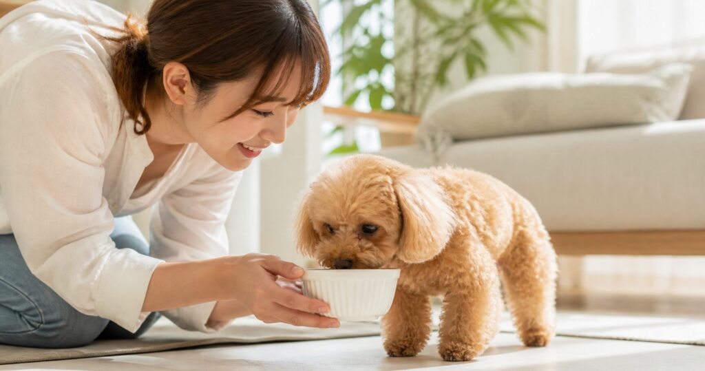 飼い主に優しくケアされて落ち着いている犬