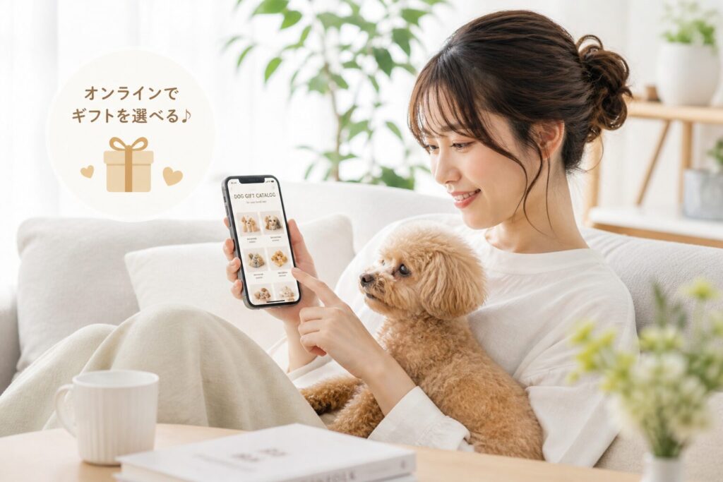 犬のそばで女性がスマホのオンラインカタログギフト画面を見ている明るい室内シーン