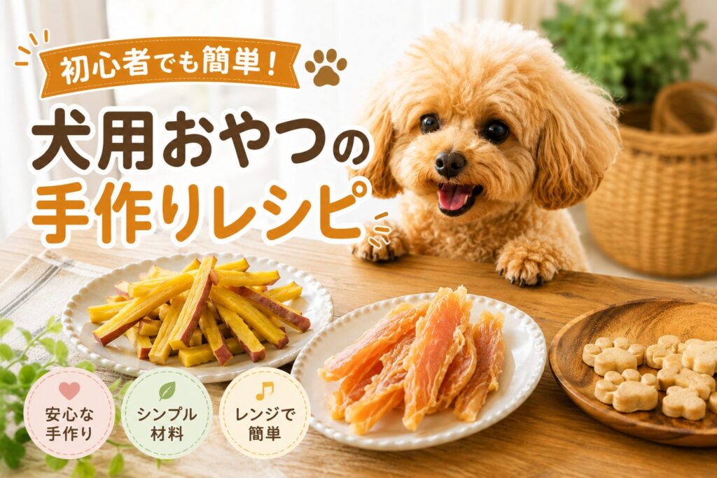 犬用の手作りおやつを見つめる小型犬とさつまいもスティック