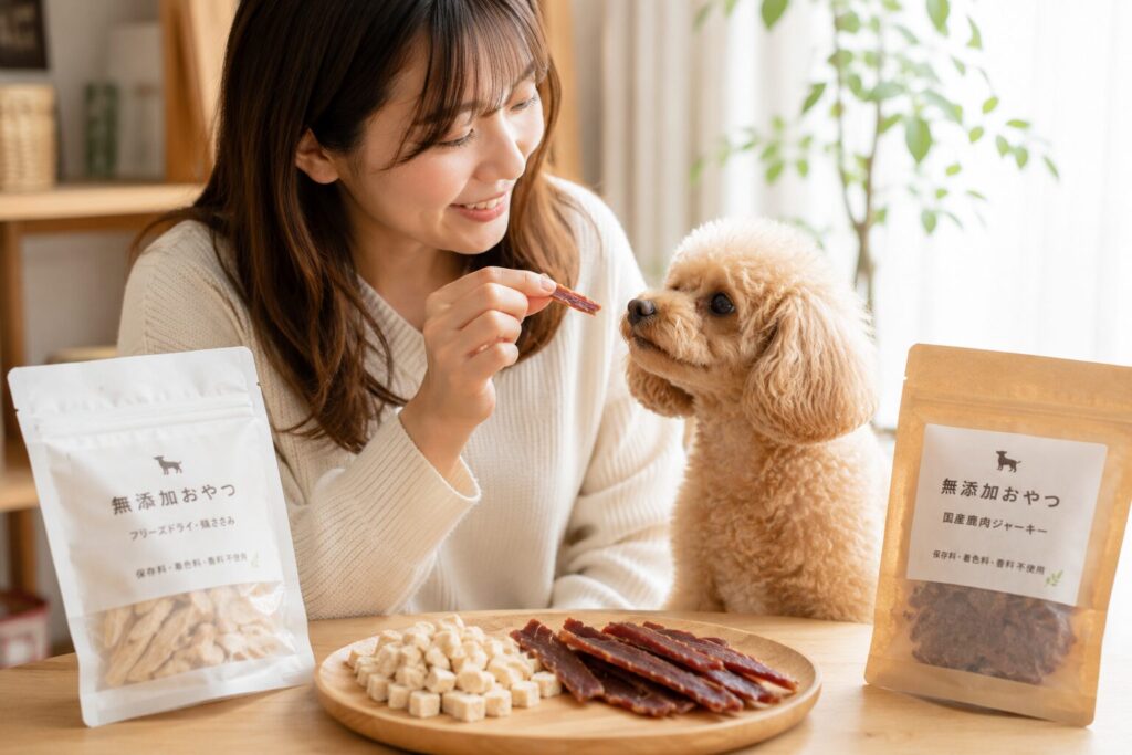 飼い主が愛犬に高級犬用おやつを与えている様子