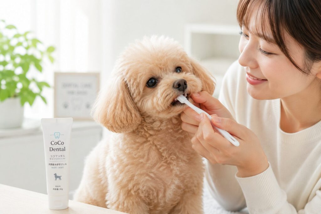 犬の歯磨きをしている飼い主と小型犬