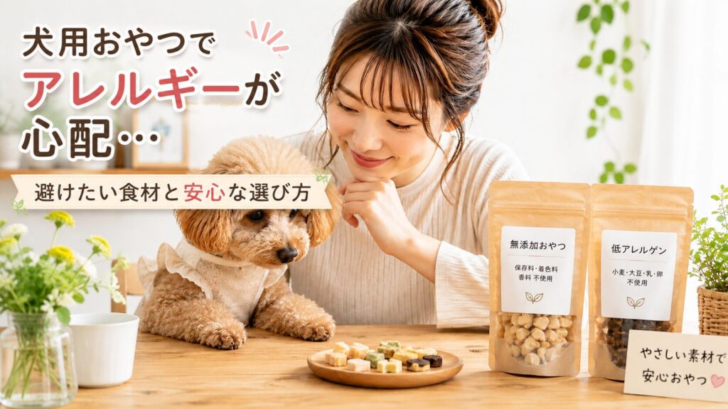 アレルギーが心配な犬用おやつを選ぶ飼い主と小型犬