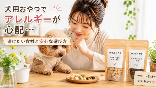 アレルギーが心配な犬用おやつを選ぶ飼い主と小型犬