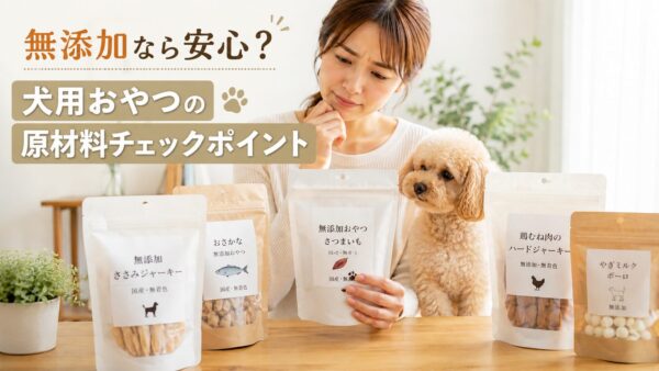 無添加の犬用おやつを選ぶ飼い主と小型犬