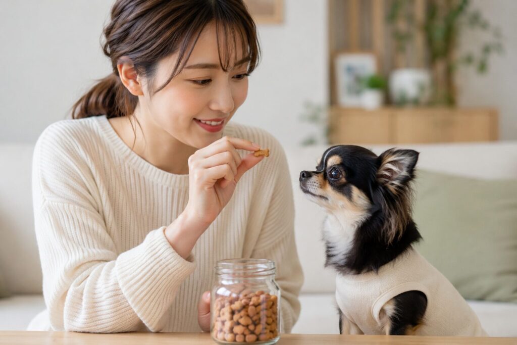 犬用おやつのサイズや硬さを確認している飼い主