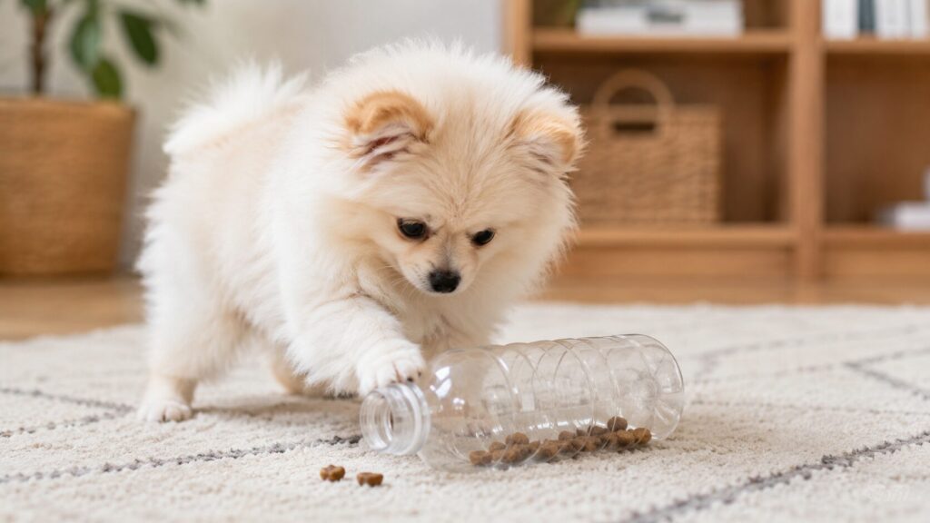 ペットボトルの知育玩具で遊ぶ犬