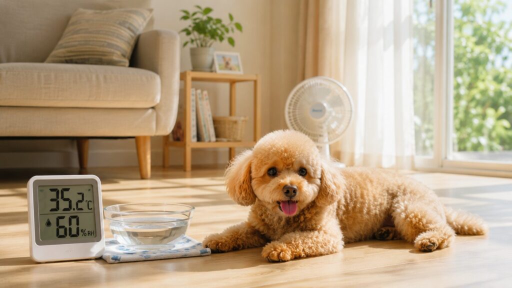 夏場の室内で留守番中の犬と室温計