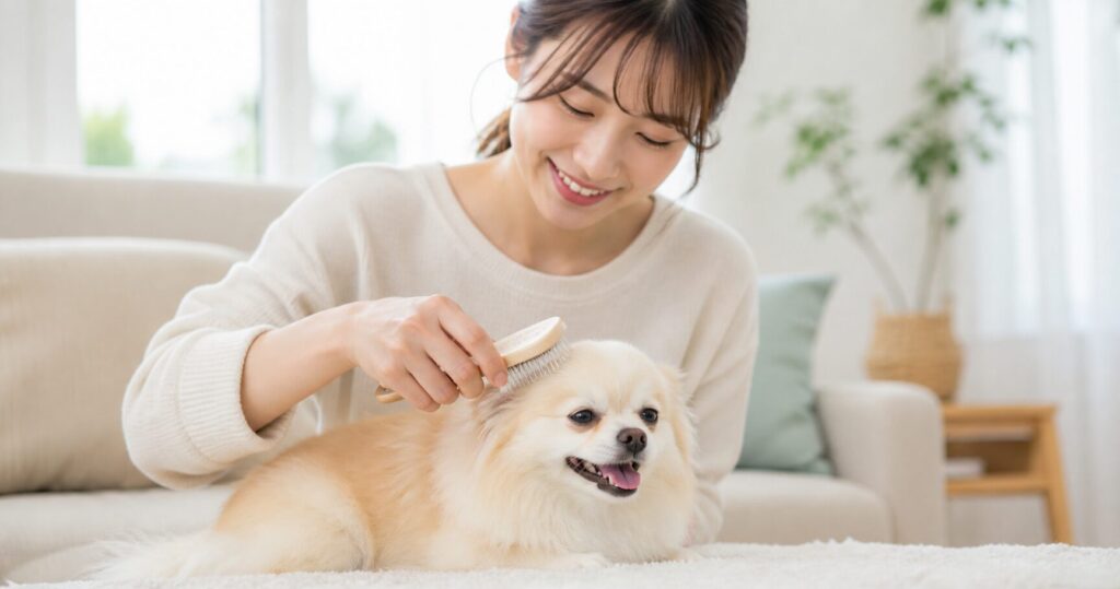 飼い主に優しくケアされて安心している犬