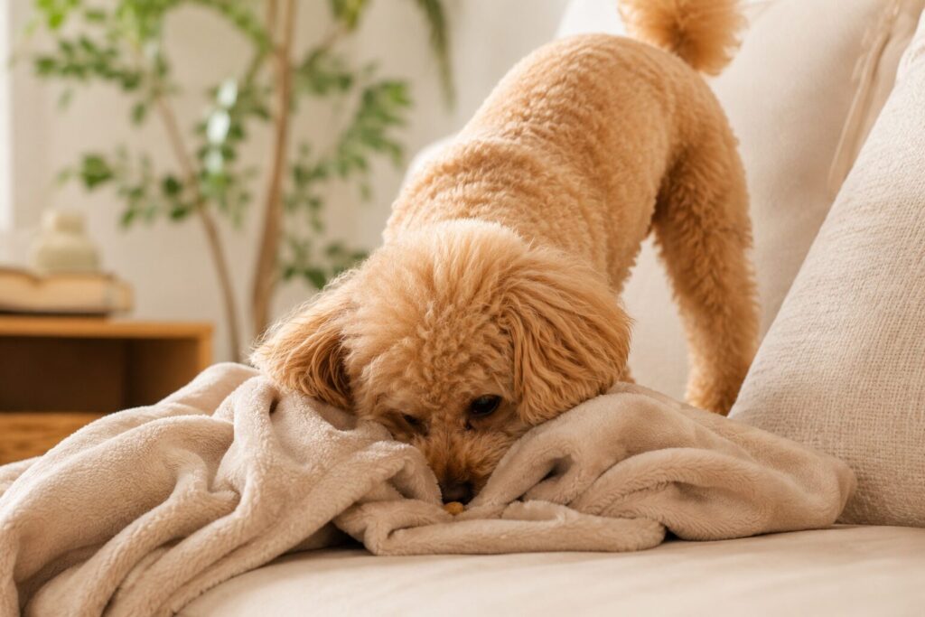 犬が鼻でおやつを隠そうとしている様子