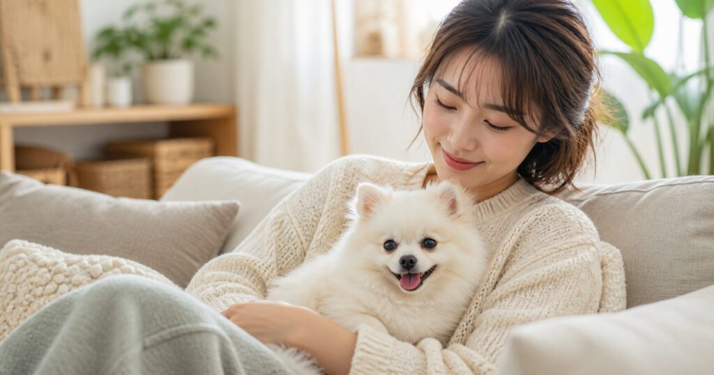 犬と一緒にソファでくつろぐ女性が穏やかな表情でプレゼントを眺めている様子