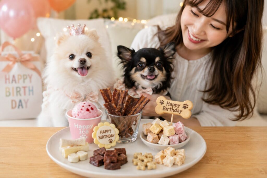 犬用アイスや馬肉ジャーキーを並べた特別感のある犬用おやつプレート