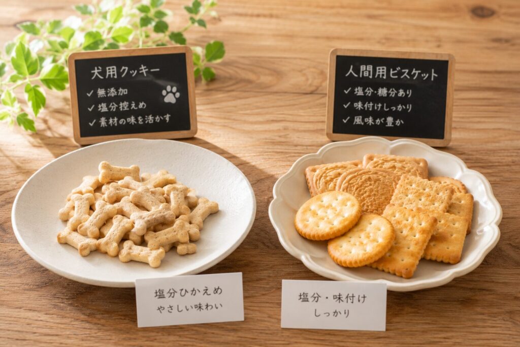 犬用クッキーと人間用ビスケットを比較している様子