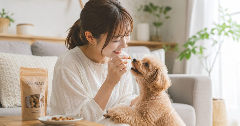 飼い主と小型犬が犬用おやつ時間を楽しんでいる様子