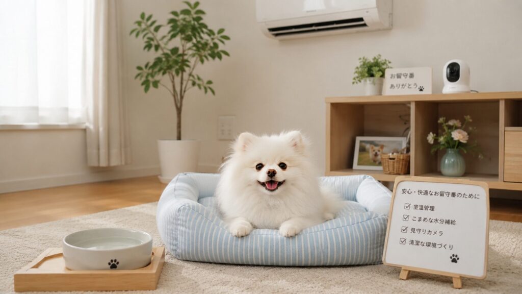 エアコンと見守りカメラが設置された部屋で留守番する犬