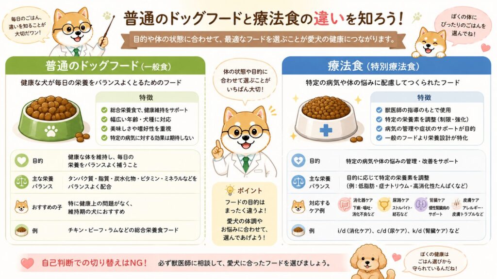 普通のドッグフードと療法食の違いを比較して説明するイラスト