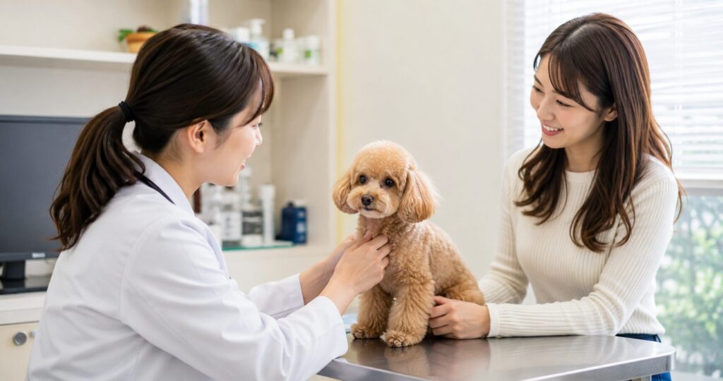 体調不良の犬を診察する獣医師と飼い主