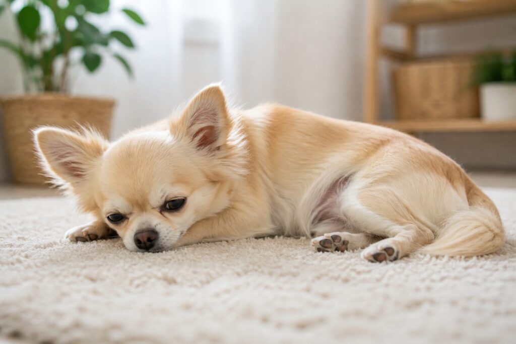 お腹の調子が悪そうに横になっている犬