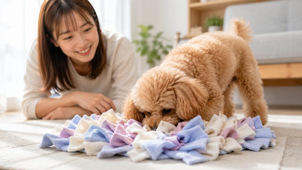 タオルに隠したおやつを探す犬のノーズワーク遊び