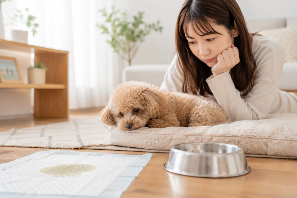 下痢や嘔吐を心配する飼い主と小型犬